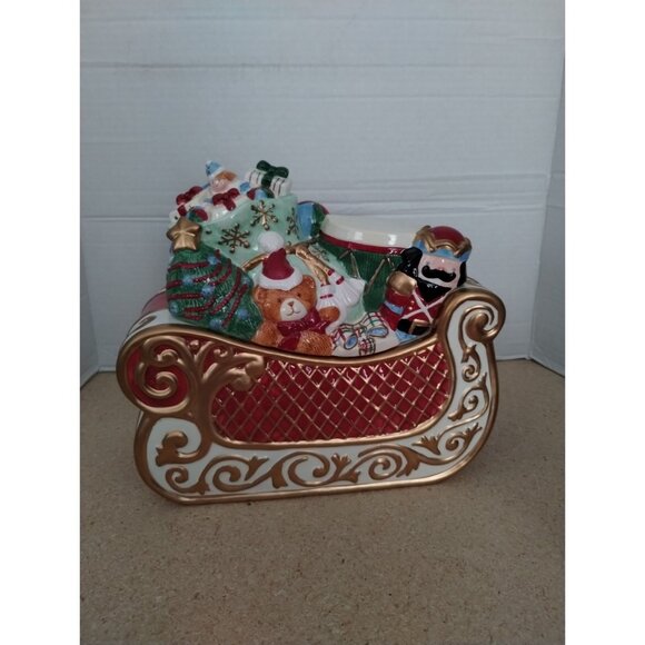 Avon 2002 St. Nicholas Cookie Jar Ceramic Sleigh With Toys & Gifts - Picture 2 of 9